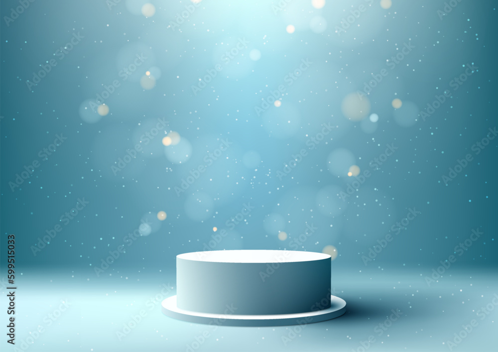 Poster 3d realistic products display empty white podium stand with blurred bokeh and particles on blue back