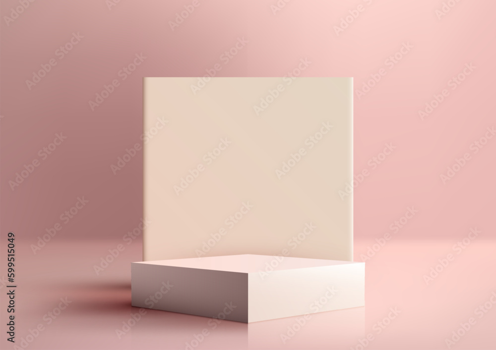 Poster 3d realistic products display white podium stand with square backdrop on pink background minimal sty
