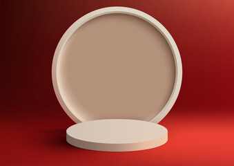 3D realistic products display brown podium pedestal stand with circle backdrop minimal wall scene on red background