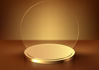 3D realistic modern luxury style golden podium with transparent glass circle on brown background