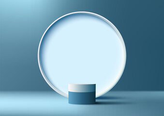 3D realistic products display blue and white podium stand with white circle backdrop minimal wall scene on blue background