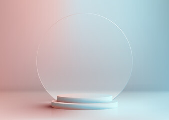 3D realistic products display blue and pink podium pedestal stand with transparent circle glass backdrop minimal wall scene on pastel colors background
