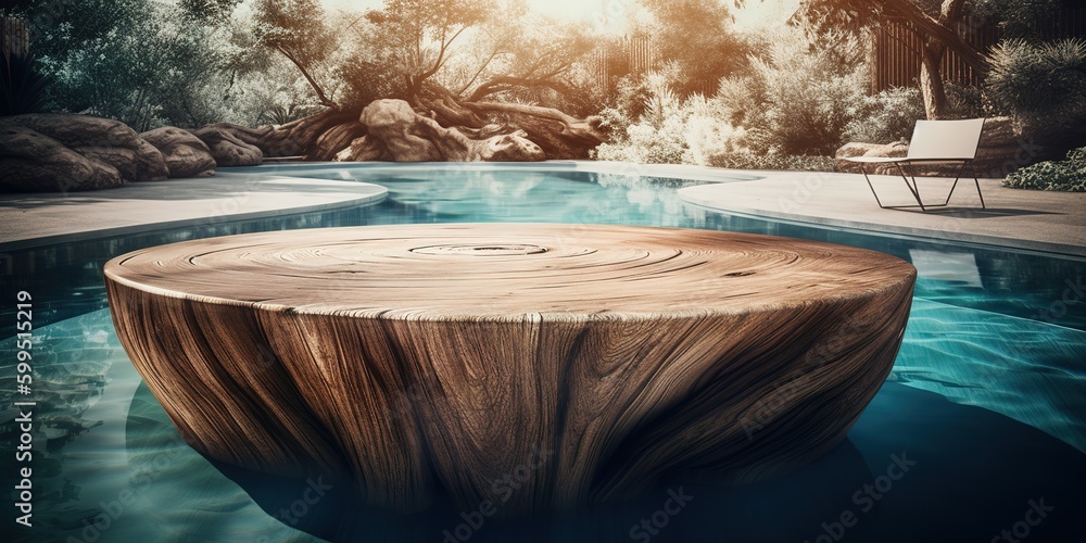 Poster a table made of wood that is situated in the midst of a pool. generative ai