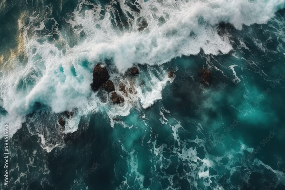 Poster a bird's-eye view of the ocean with its rocks and waves generative ai