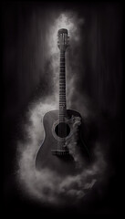 Charcoal Sketch of Guitar Over an Isolated Dark Background AI Generative
