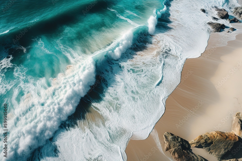 Poster a bird's-eye view of a beach with a wave breaking in the distance generative ai