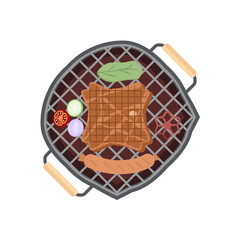 Delicious Grilled Beef Smoked Roasts Cooked Meat Sausages on an Iron Pan Grill Stove
