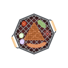 Delicious Grilled Beef Smoked Roasts Cooked Meat Sausages on an Iron Pan Grill Stove
