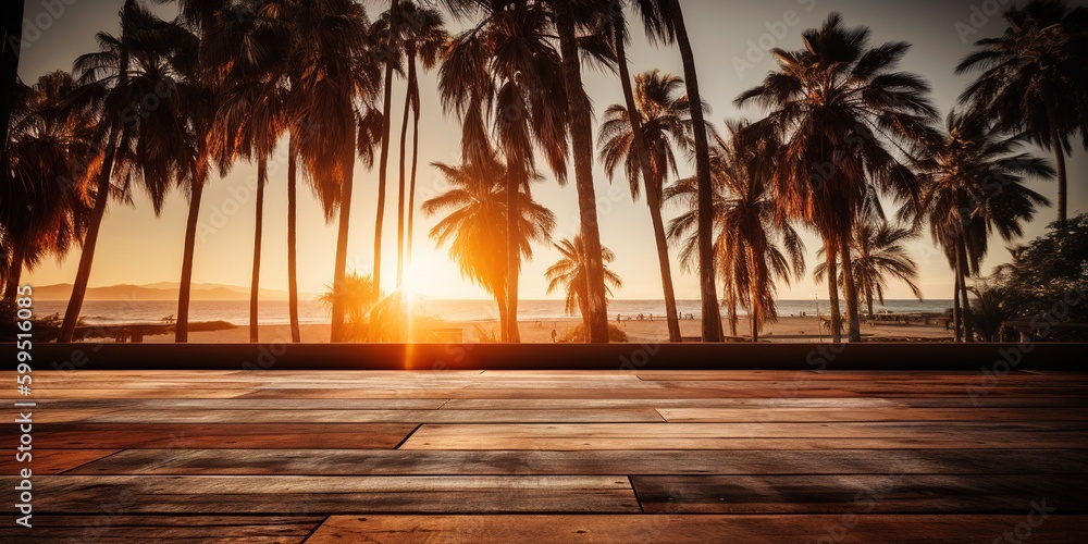 Poster a line of palm palms is blocking the view of the setting sun. generative ai