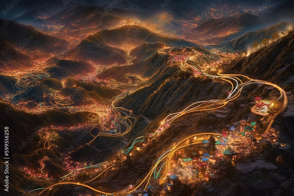 Poster a view from above a city as it is illuminated at night generative ai