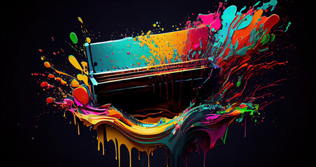 Fototapeta na wymiar A Vibrant Colored Piano in Watercolor Oil Painting Splashing or Exploding on Musical Dark Background AI Generative
