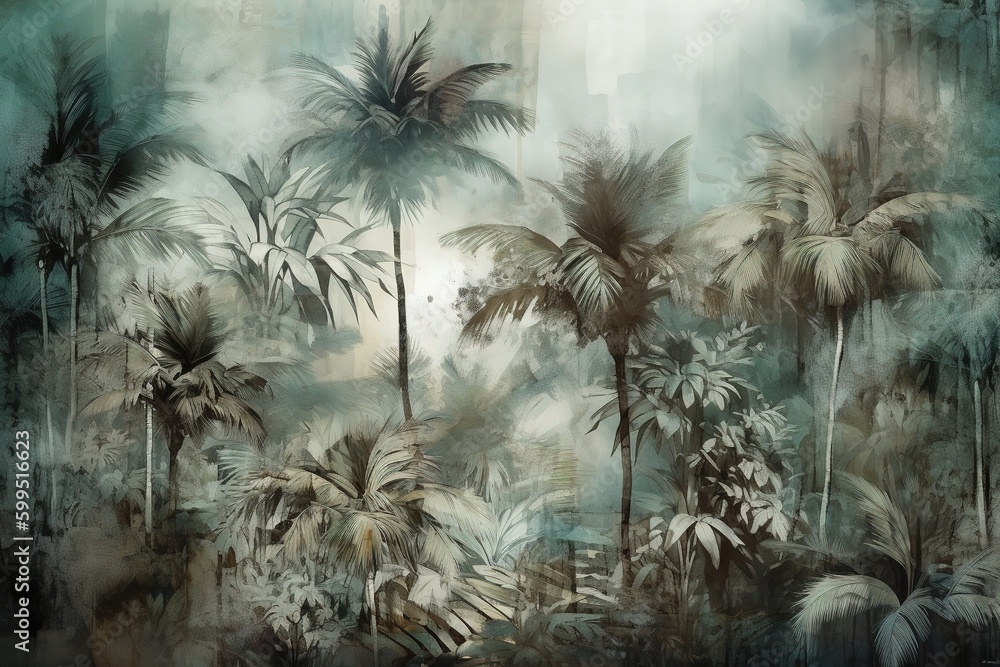 Poster a depiction of a tropical setting with palm palms as the focal point of the image generative ai