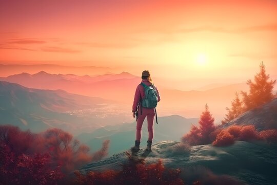 Abstract Female Hiker stands at the summit of a difficult mountain climb to be greeted with a beautiful view of the sunrise. Generative ai. Advertising photography style.