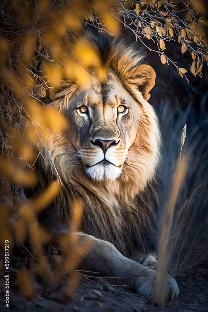 Poster magnificent lion in wilderness. created with generative ai technology.