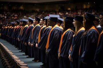 Image of a graduation ceremony with graduates in their caps and gowns. Generative Ai.