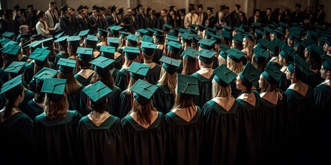 Image of a graduation ceremony with graduates in their caps and gowns. Generative Ai. - obrazy, fototapety, plakaty