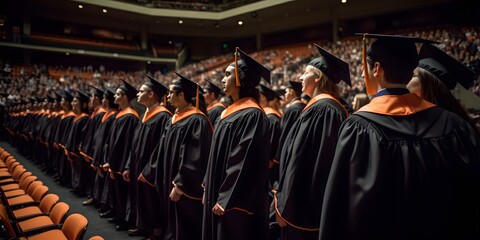 Image of a graduation ceremony with graduates in their caps and gowns. Generative Ai.
