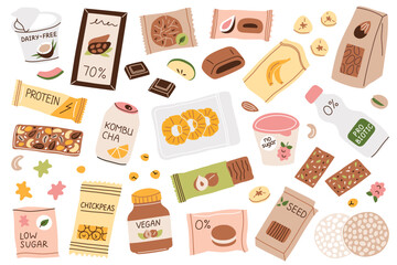 healthy snacks hand drawn collection, doodle icons of vegan packaged food to buy, vector illustrations of protein bars, dried fruit, dairy free products, food with fiber for good health - obrazy, fototapety, plakaty