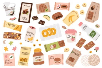 Foto op Aluminium healthy snacks hand drawn collection, doodle icons of vegan packaged food to buy, vector illustrations of protein bars, dried fruit, dairy free products, food with fiber for good health © Elena