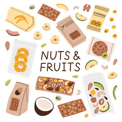 Nuts and dried fruit hand drawn collection, icons of healthy vegan snacks, vector illustrations of dried banana, pineapple, almond, fruit mix, doodle set with lettering, isolated colored clipart