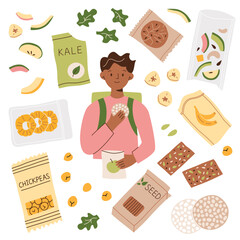Healthy chips hand drawn collection, boy eating vegan snacks after school, dried fruit, nuts and crisps doodle icons, vector illustrations of kale chips, roasted chickpeas, rice crackers