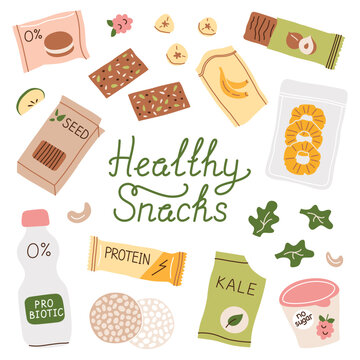 Healthy snacks hand drawn collection with lettering , doodle icons of vegan food for health, vector illustrations of protein bar, fruit chips, sugar free desserts, dairy free drinks, isolated colored 