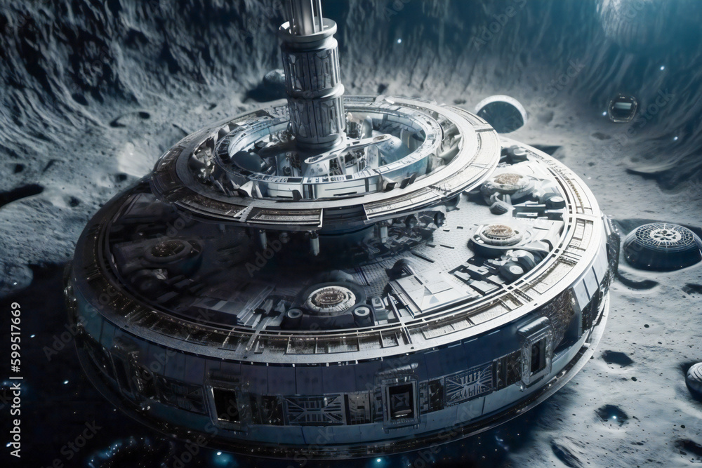 Poster future moon other planets moons base or scientific facility. moon or outer space colonization concep