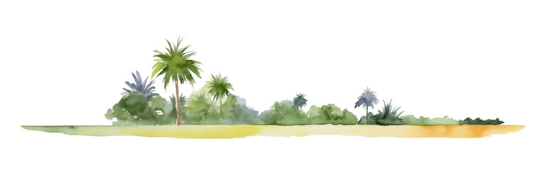 Watercolor sand beach with palms and bushes, isolated on white background. Gorizontal bar element, divider, separator, footer for your design. Vector illustration.