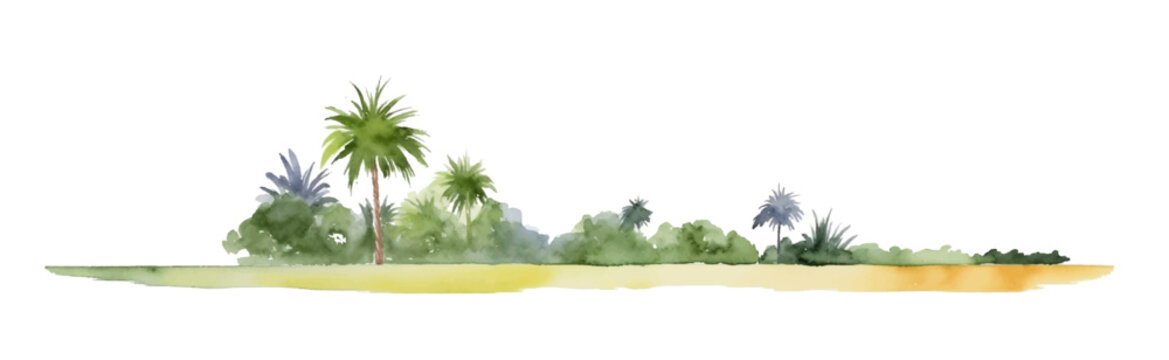 Watercolor sand beach with palms and bushes, isolated on white background. Gorizontal bar element, divider, separator, footer for your design. Vector illustration.