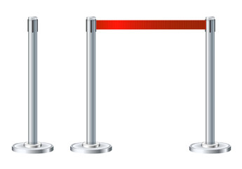 Retractable belt rack. Portable tape barrier. Red tape for fencing. Red carpet with red ropes on silver supports. Exclusive event, movie premiere, gala concert, awards ceremony.