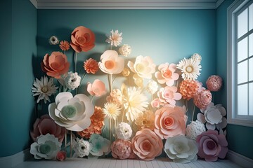Layered paper coloured flowers in the living room, paper art, aesthetics, blue background, Generative AI