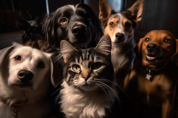 Portrait of friendly cat and dogs. Generative ai