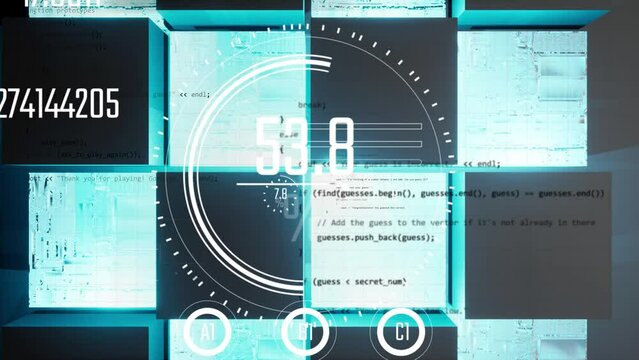 abstract modern scifi background 3d animation with different cubes moving up and down and hud interface graphic data analyse overlay