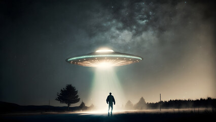 flying UFO saucer spacecraft over wild field at foggy night with human silhouette in beam of light underneath, neural network generated in spring 2023. Not based on any actual scene or Generative AI