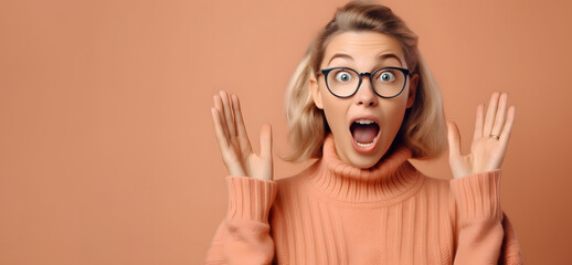 Portrait of excited overjoyed and shocked young caucasian woman. Unbelievable. Looking at camera and spreading hands. Isolated on background. Advertising. Generative Ai.