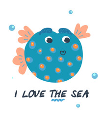 Sea life quote decorated with cute cartoon characters. children's illustration.Sea poster,children's clothing decor, sticker, print.