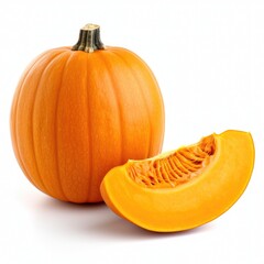 Fresh organic raw whole pumpkin and sliced pumpkin on white background Generative AI Illustration