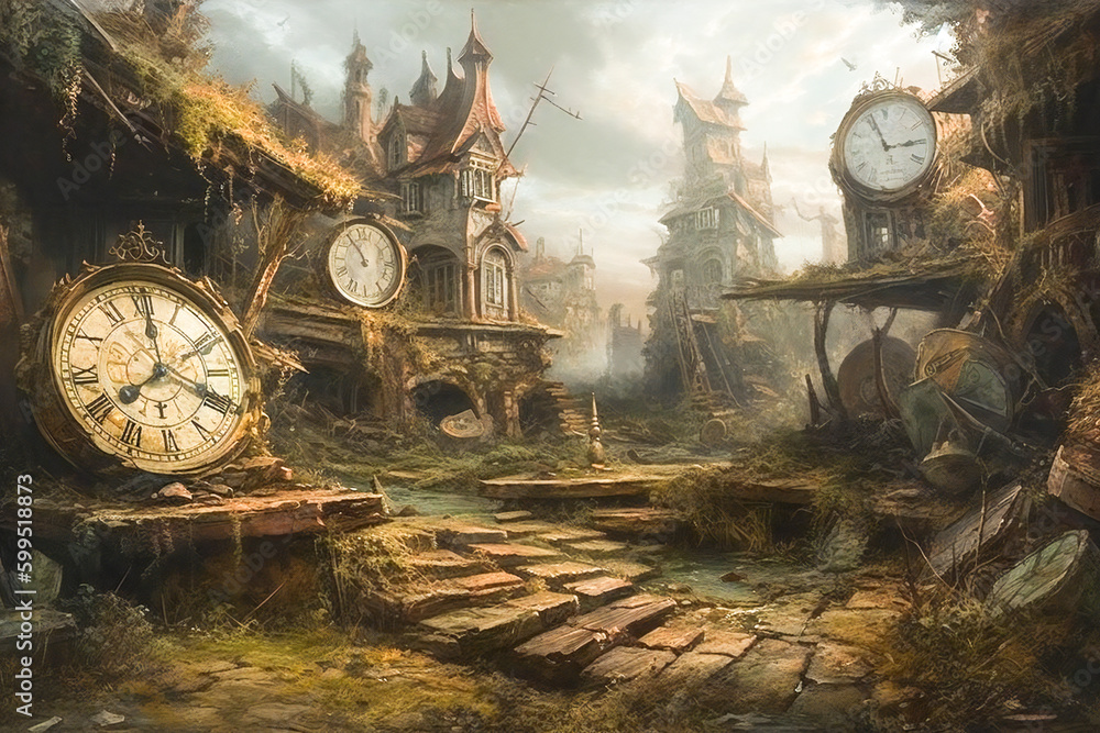 Poster surreal composition of rusty clocks. time related concept. created with generative ai technology.