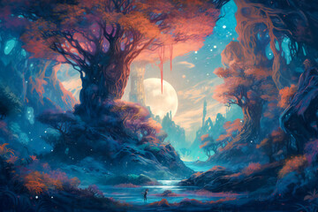 Fantastic surreal landscape on an alien planet. Created with Generative AI technology.