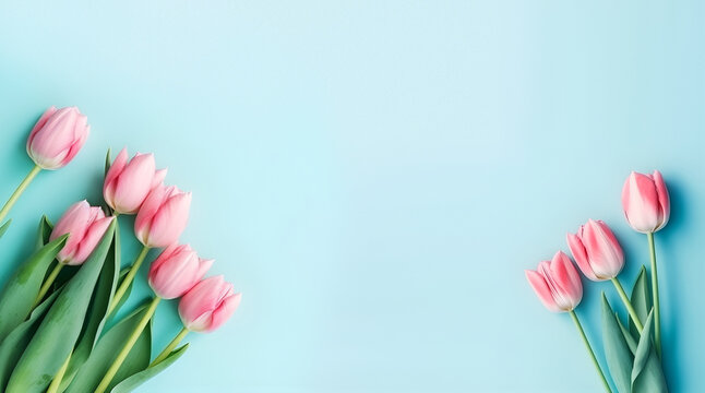 Creative Floral composition. Pink tulip tulips flower on pastel blue background. Template for product presentation display. flat lay top view. copy text space