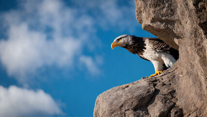 low angle of a bald eagle sitting on rocks with blue sky as background looking down, generative AI