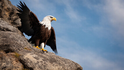 low angle of a bald eagle sitting on rocks with spread wings and blue sky as background, generative AI