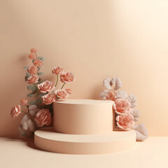 Rose flower 3D rendering of minimal beige background with podium stand. Generative Ai.