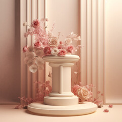 Rose flower 3D render of podium minimal background. Generative Ai.