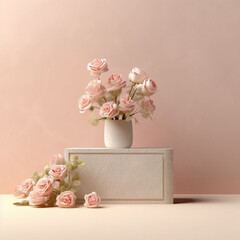 Rose flower 3D rendering of minimal beige background with podium stand. Generative Ai.