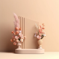 Rose flower 3D rendering of minimal beige background with podium. Generative Ai.