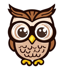 happy cute little owl with glasses, clever bird, logo vector art sticker