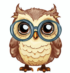 happy cute little owl with glasses, clever bird, logo vector art sticker