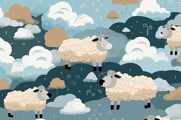 Clouds and some sheep illustration. AI generative.