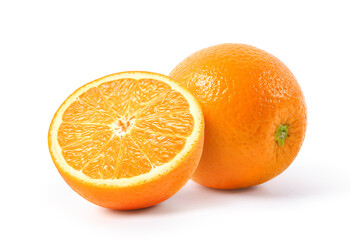 Fresh orange with cut in half isolate on white background. Clipping path.